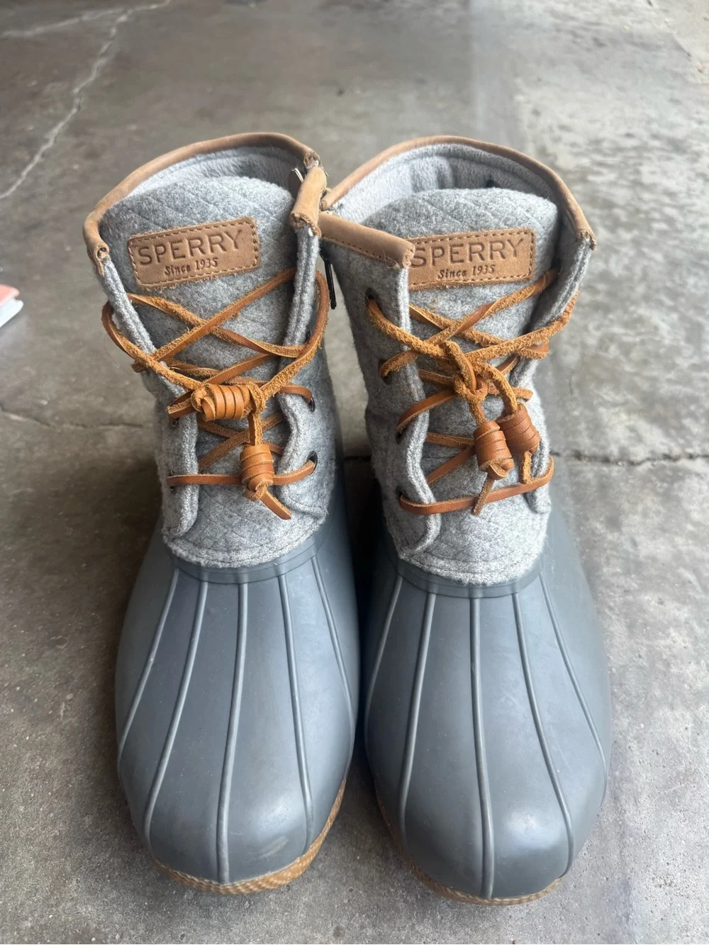Sperry Gray and Tan Wool-Trim Duck Boots
